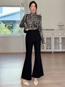 DAZY Women's Autumn High Collar Leopard Print Ruched Fitted T-Shirt Cheetah Print Long Sleeve Women Tops,Fall Women Clothes - Brown - View 8