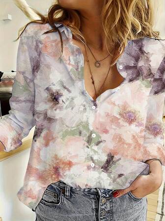Tie-Dye Print Casual Shirt, Minimalist Button-Up Long Sleeve Blouse, Women Vacation Wear, Spring/Summer