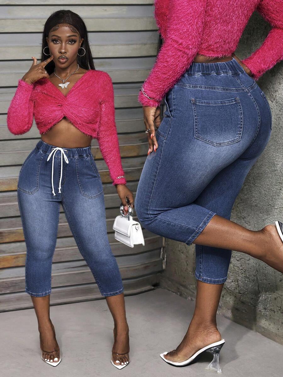 Slaydiva 女士前系带口袋简约牛仔裤，休闲日常穿着 - 深色水洗藍 - 查看 1