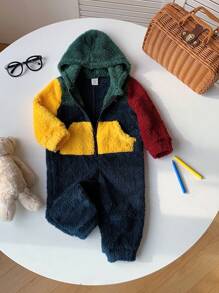 SHEIN Leap Crew 新生儿男女宝宝圣诞休闲运动保暖连帽连体衣，毛绒面料，适合秋冬季节，室内外均可穿着 - 彩色 - 查看 6