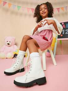 Mini mi 儿童时尚白色凸纹鞋底系带机车靴，带侧拉链，酷炫女孩战斗靴，易于穿着 - 白色 - 查看 5