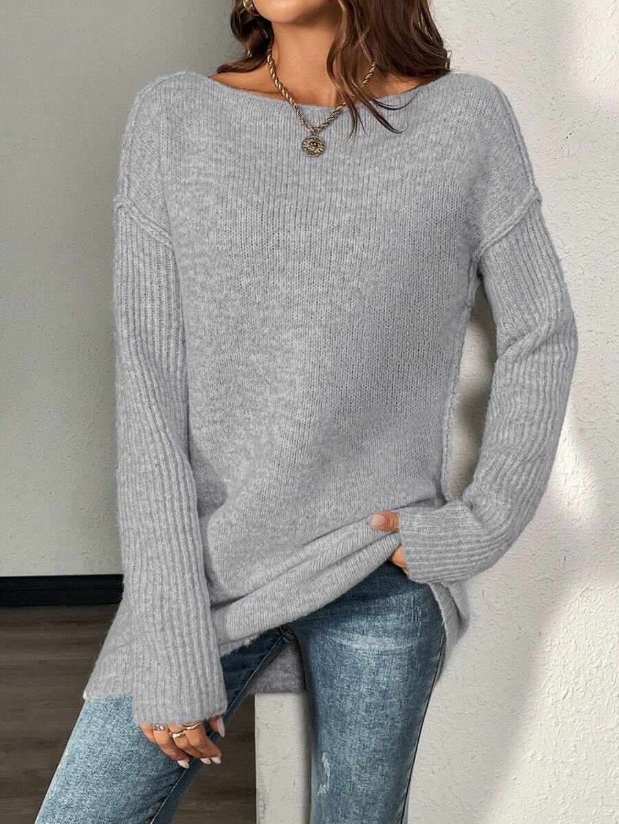 Chiquease 1pc Women Crewneck Contrast Rib Knit Sweater, Gray, Warm For Winter Knit Pullover Fall Outfit - Grey - View 1