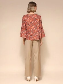 Almamuse Women's Elegant Floral Print Round Neck Long Sleeve Blouse