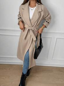 Chiquease Women's Casual Loose Oversized Shoulder Epaulette Long Sleeve Button Cuff Long Coat - Khaki - View 3