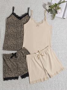 RueChic 2 件套蕾丝细节纯色和豹纹细节睡衣套装