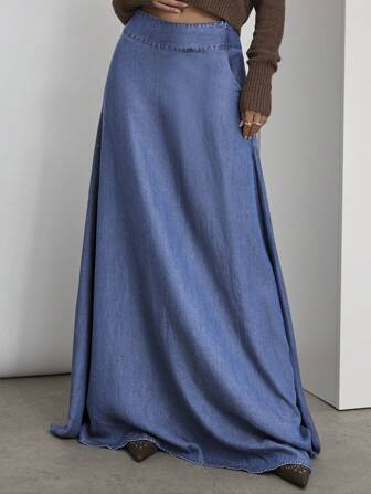 COSMINA Women Solid Color Pocket Design Long Casual Denim Skirt