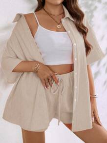 EMERY ROSE Conjunto de dos piezas de camisa de manga corta sólida y pantalones cortos informales de talla grande para vacaciones de verano