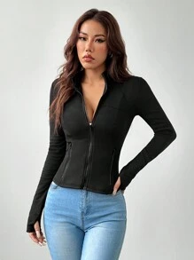 SHEIN ICON Chaqueta de protección solar de punto negra para mujer, blusa casual de manga larga con cierre delantero liso para mujer, traje de mujer para el Día de Acción de Gracias, sudadera para mujer - Negro - Ver 4