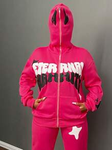 Slaydiva 秋冬新款休闲街头连帽拉链长袖露肩立体印花口号Logo星星卫衣打底裤长裤玫红色天鹅绒运动衫套装女卫衣 - 玫紅色 - 查看 8