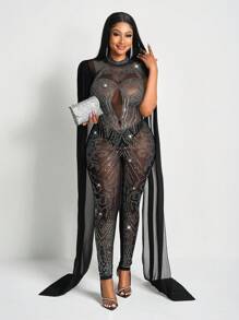 Slaydiva Neue sexy und wunderschöne Jumpsuit für Damen mit kleinem Stehkragen, ärmelos, komplett mit Strass, Cape, körperbetonter Passform, mesh-durchsichtig - Schwarz - Übersicht 5