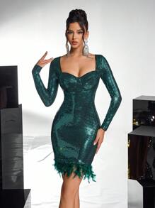 SHEIN Belle Robe de cocktail de fête élégante et somptueuse pour femmes, col en cœur, manches longues, ourlet hanches, couture, plumes, saison de retour à l'école, tenue de soirée semi-formelle, pour anniversaire, mariage, remise des diplômes, dîner, bal des finissants. Tissu maille élastique scintillant vert foncé