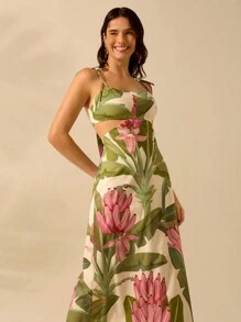 CAJUNI 女式波西米亚风香蕉树印花无袖细肩带系腰连衣裙，休闲海滩度假夏季 - 彩色 - 查看 5