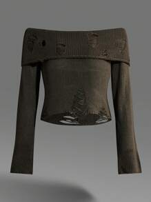 SHEIN EZwear Women's Fall/Winter Y2K Western Flannelette Cut Out Off Shoulder Sweater,Music Festival - Army Green - View 7