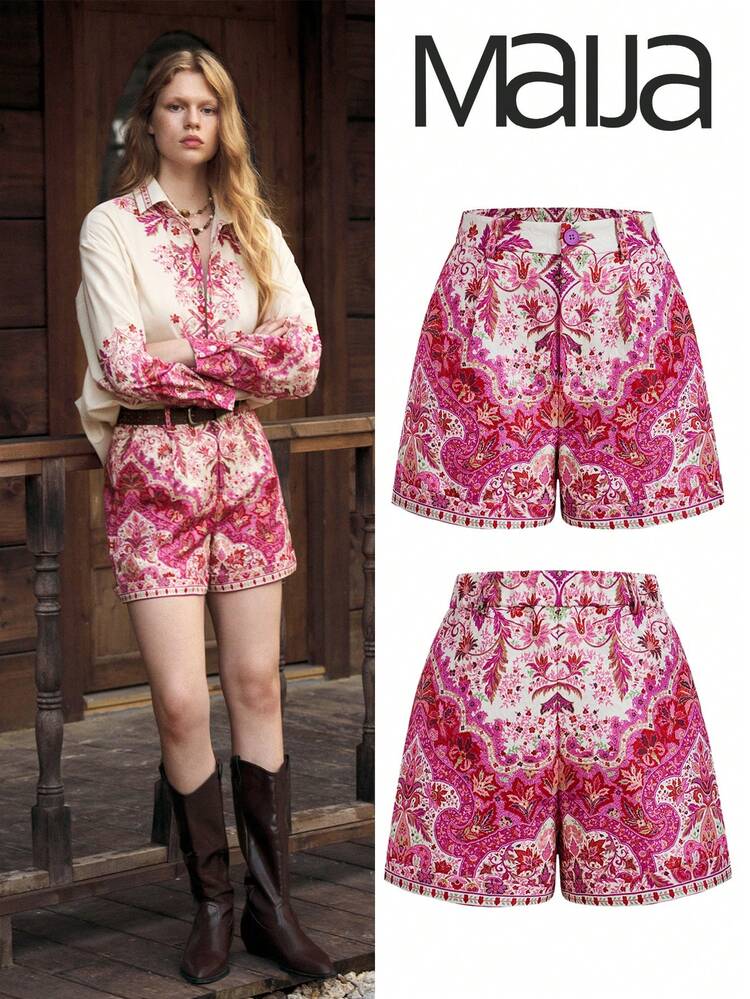 SHEIN Maija Women's All-Over Print Pocket Casual Shorts