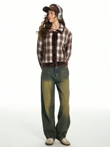 Teen Girls' Woven Plaid Collar Open Front Long Sleeve Casual Jacket With Fluffy Trim, Autumn & Winter