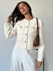 Aloruh Chaqueta elegante y vintage con botones de metal cortos, decorativa, a prueba de viento, forrada y cálida, cómoda y de gran calidad