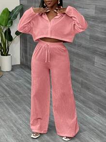 Slaydiva 2pcs/Set Casual Loose White Long Sleeve Cropped Shirt Top And Wide-Leg Long Pants