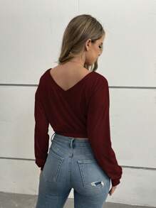 SHEIN Slayr 女士纯色 V 领休闲长袖针织套头衫 - 酒紅色 - 查看 2