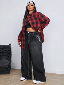 SHEIN ICON Women Plus Size Casual Washed Embroidered Loose Wide Leg Jeans Pants - Black - View 5