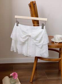 Comfortcana Women's White Lace Knit Bow-Decorated A-Line Skirt - White - View 5
