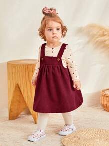 Cozy Pixies 2pcs Baby Girls' Heart Pattern Crew Neck Long Sleeve Top And Bib Skirt Set - Red - View 3