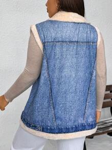 SHEIN Essnce 大码女式秋冬休闲时尚街头蓝色大码保暖牛仔效果背心夹克，秋季女装，冬季外套，羊毛夹克，保暖上衣，街头服饰，女式背心，Y2k - 藍色 - 查看 2