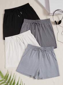 Women Solid Color Drawstring Waist Pocket Casual Pajama Shorts Sleep Shorts - Multicolor - View 1
