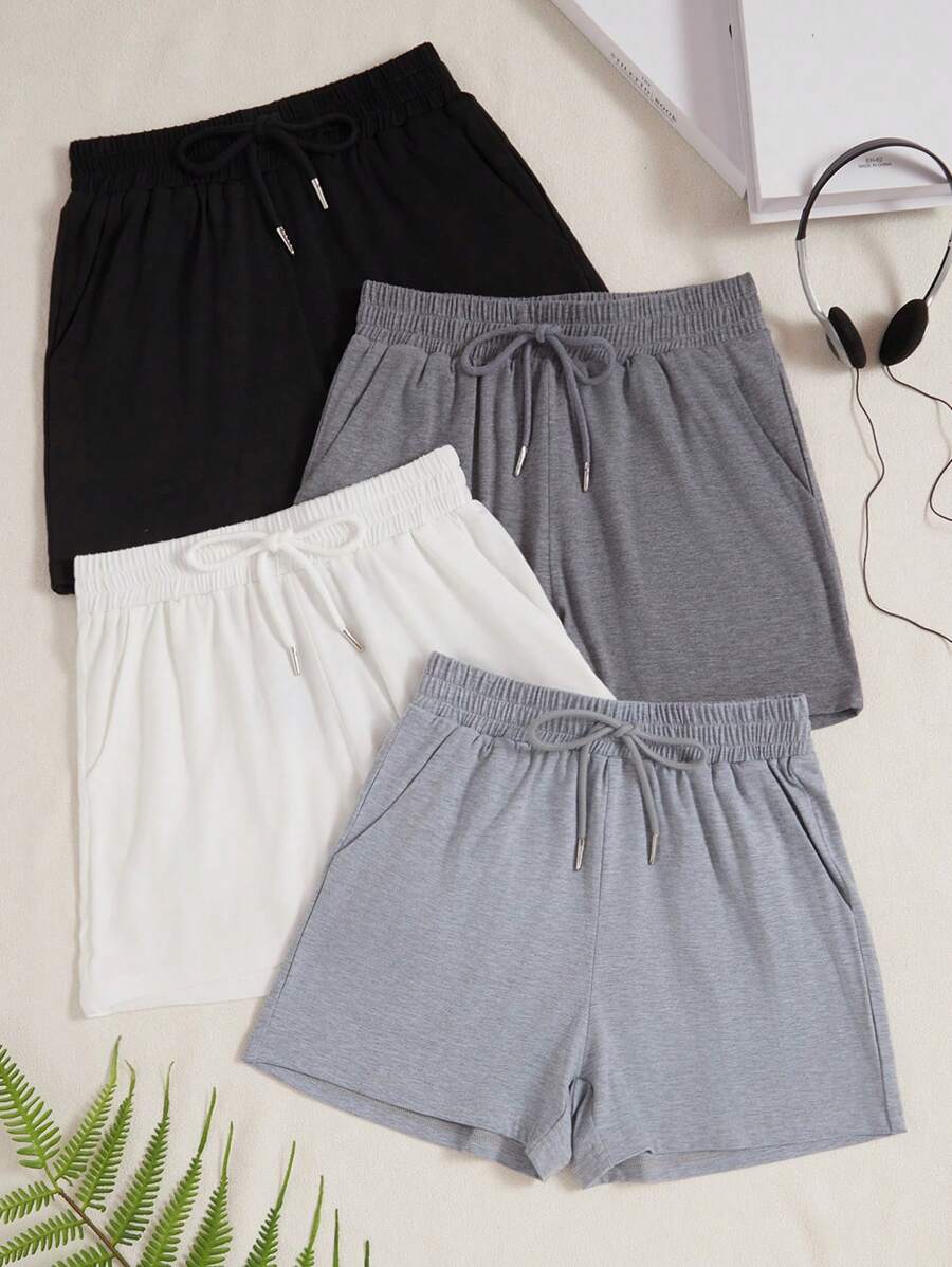 Women Solid Color Drawstring Waist Pocket Casual Pajama Shorts Sleep Shorts - Multicolor - View 1