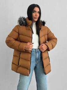 RueChic Contrast Faux Fur Hooded Short Line Puffer Winter Coat - Camel - View 1
