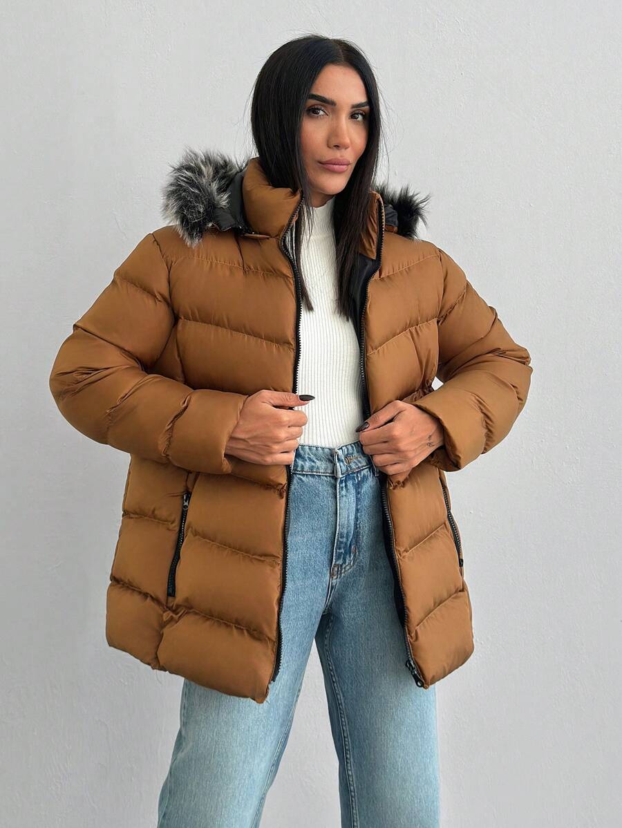 RueChic Contrast Faux Fur Hooded Short Line Puffer Winter Coat - Camel - View 1