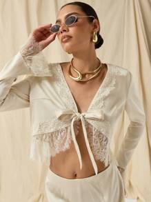COSMINA Autumn/Winter 2pcs/Set Women Lace Trim Tie Front Long Sleeve Blouse And Skirt Outfit - Apricot - View 8