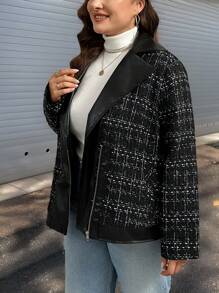 SHEIN Privé 大码女式格子翻领长袖宽松夹克，秋冬 - 黑與白 - 查看 4