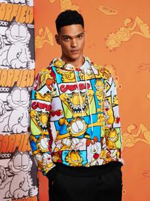 GARFIELD | SHEIN Men Letter & Cartoon Patchwork Print Drawstring Loose Drop Shoulder Hoodie, Casual Style For Spring & Autumn - Beige - View 4