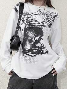 女款 Cyber Y2K 时尚潮流街头 Y2K 独特印花圆领长袖 T 恤