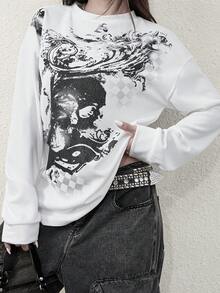 女款 Cyber Y2K 时尚潮流街头 Y2K 独特印花圆领长袖 T 恤