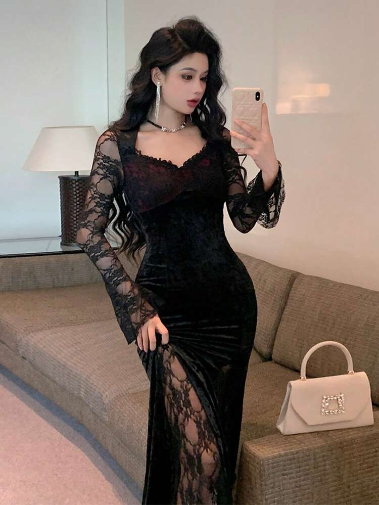 Women Lace Patchwork Mermaid Hem Long Sleeve Midi Dress Prom Dress Elegant,Fall Clothes Valentine's Day