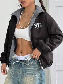 StreetHx 女式双面字母及毛茸茸衬里夹棉夹克（秋冬季）