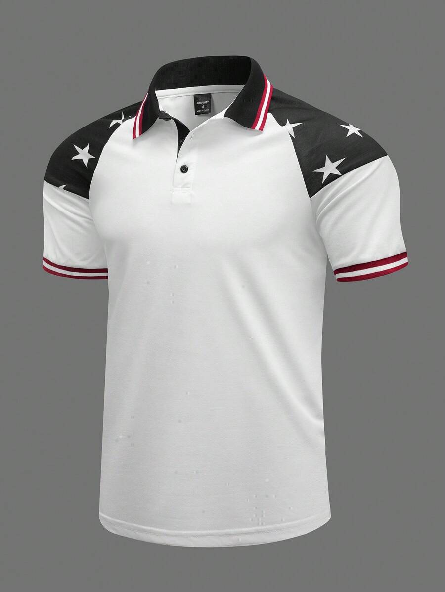 Manfinity Homme Áo thun polo tay ngắn họa tiết ngôi sao màu đơn giản dành cho nam - trắng - Xem 1