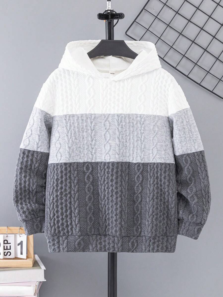 SHEIN Tween Boy Casual Long Sleeve Contrast Color Drop Shoulder Hoodie,In Fall/Winter - Grey - View 1