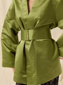 COSMINA Women's Elegant Solid Color Bell Sleeve Mini Dress, Autumn - Olive Green - View 3