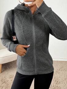 SHEIN Essnce Women's Casual Fashion Slim Fit Regular Hooded Long Sleeve Coat Zip Up Women Hoodie Essentials Hoodie Women Tracksuit Workout Jacket Fall Women Clothes - Dark Grey - View 5