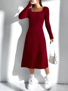 SHEIN Girlism 少女红色高领修身休闲长袖罗纹天鹅绒 A 字裙，优雅迷人，适合圣诞节、感恩节、节日派对、聚会、冬季 - 紅色 - 查看 7