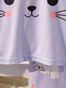 2pcs/Set Young Girl Cute Fun Yellow Long Sleeve Top & Long Pants With 3D Rabbit Ears Homewear Sets, Comfortable Stretchy - Purple - View 7