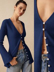 Poéselle 珍珠前扣 V 领腰线“新面貌”喇叭袖开衫，春秋装，秋装，女装，休闲女装，女装，纯色，纽扣