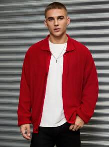 SHEIN Cottnline Men's Comfortable Casual Collared Cardigan Sweater - Red - View 1