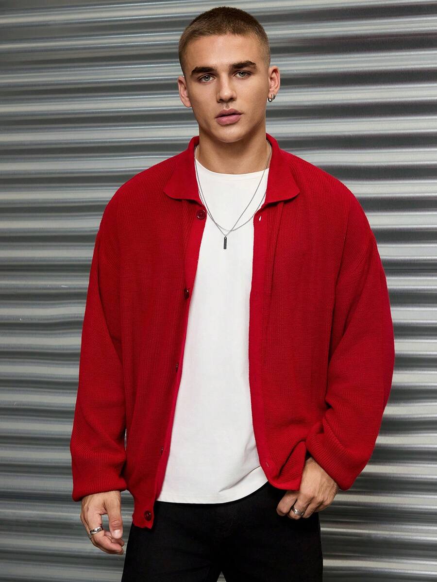 SHEIN Cottnline Men's Comfortable Casual Collared Cardigan Sweater - Red - View 1