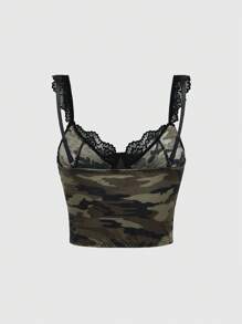 Sweetness Damska bluzka z koronką Gyaru Street Camo Print Contrast Camisole Top, Lato