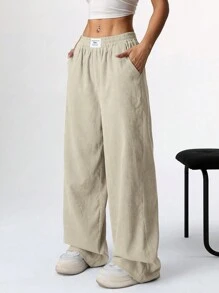 Muchica 女式纯色弹性腰带口袋休闲裤 - 杏色 - 查看 4