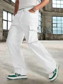 Manfinity VCAY Men's Loose Straight Leg Woven Cargo Pants - White - View 4