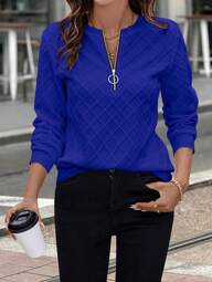 EMERY ROSE White Knit Textured Fabric Front Zip Up Round Neck Sweatshirt For Women,Long Sleeve Tops In Fall/Winter